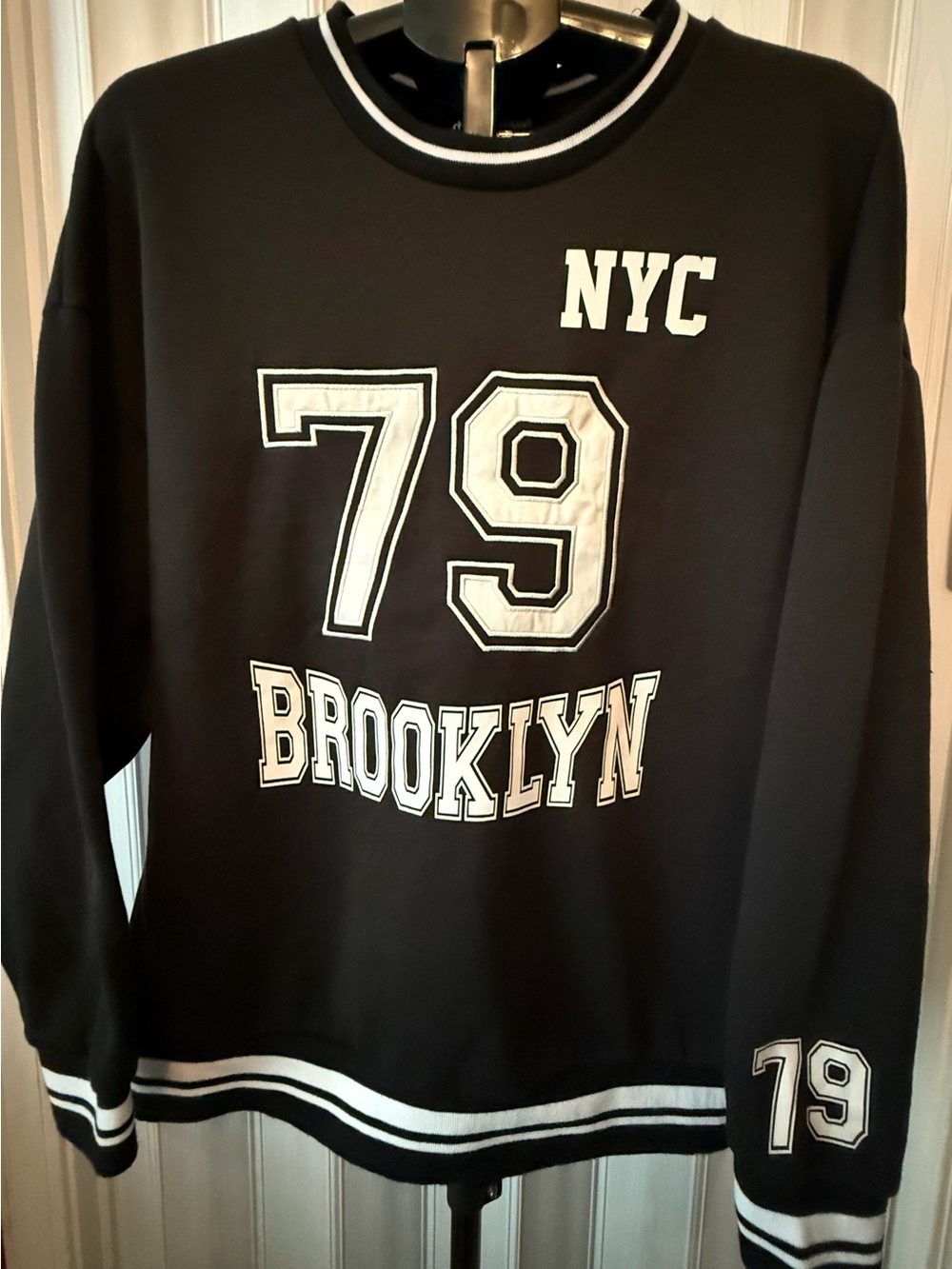 Charlotte Russe Black Crewneck Sweatshirt with White NYC Brooklyn 79 Graphics